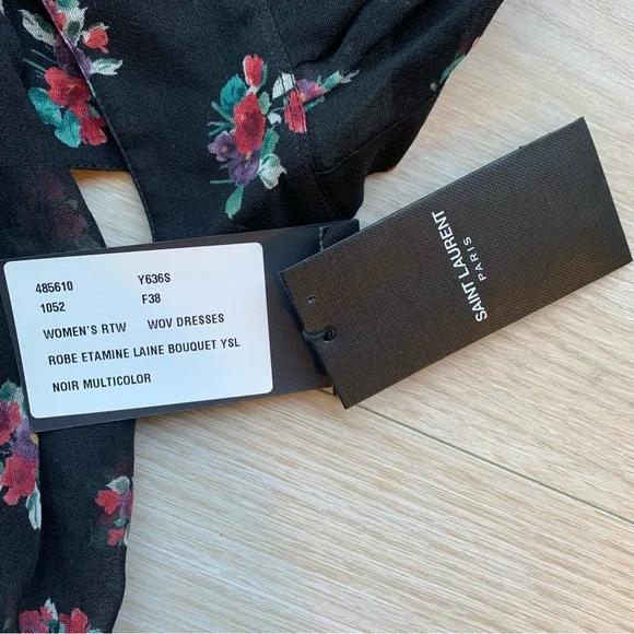 Saint Laurent Lavallière Floral Mini Dress Black NWT Size 38 - Picture 4 of 7